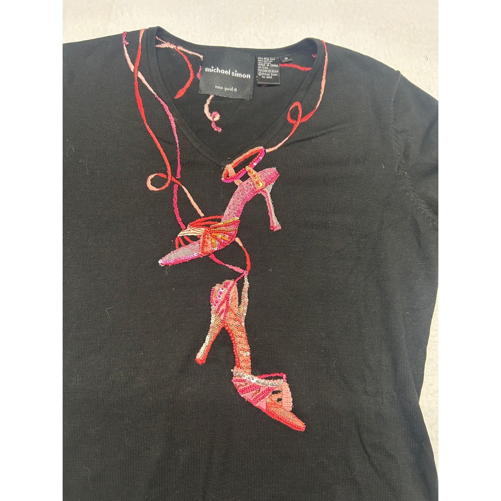 Michael Simon New York Silk Blend Beaded Stiletto Heel V-Neck Sweater Black M